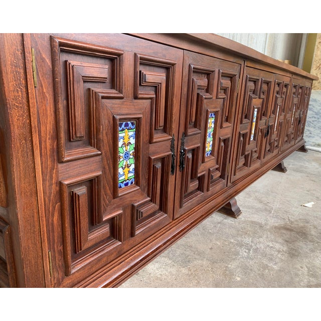Brown 19th Century Large Catalan Spanish Baroque Carved Oak Tuscan Credenza or Buffet For Sale - Image 8 of 12