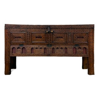 Antique Indian Dowry Chest 19th Century Brass Studs Iron Medieval Style Console For Sale