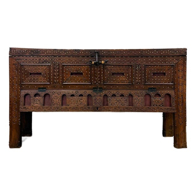Antique Indian Dowry Chest 19th Century Brass Studs Iron Medieval Style Console For Sale