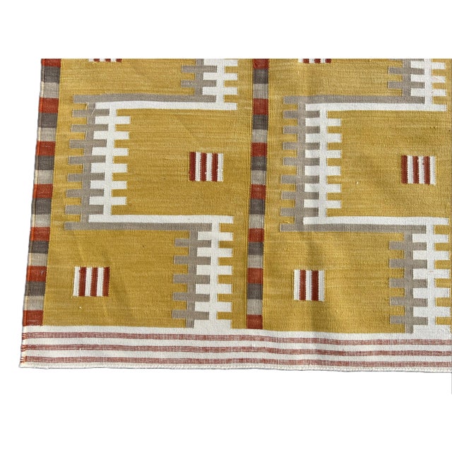 Handwoven Cotton Area Rug, Natural Vegetable Dyed, Mustard, Beige, Cream & Red Marianne Geometric Dhurrie - 5'x8' For Sale - Image 10 of 11