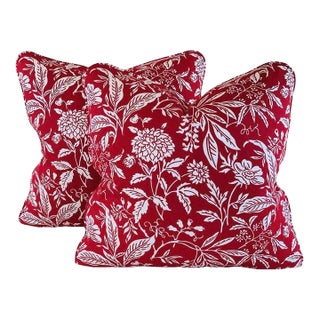 Premier Prints MM Designs Red & White Botanical Floral Leaf Pillow Covers- Pair For Sale