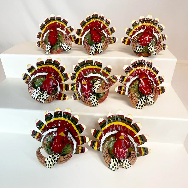 1980s Vintage Boho Chic Americana Arts & Crafts Enameled Tole Turkey Napkin Ring - Set of 8, Thanksgiving For Sale - Image 5 of 11