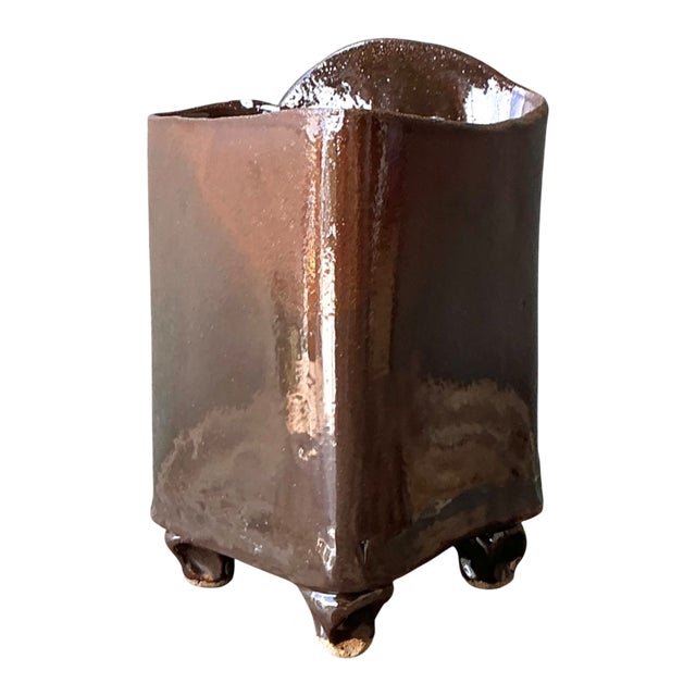 Ceramic Vintage Handcrafted Brown Pottery Vase For Sale - Image 7 of 14