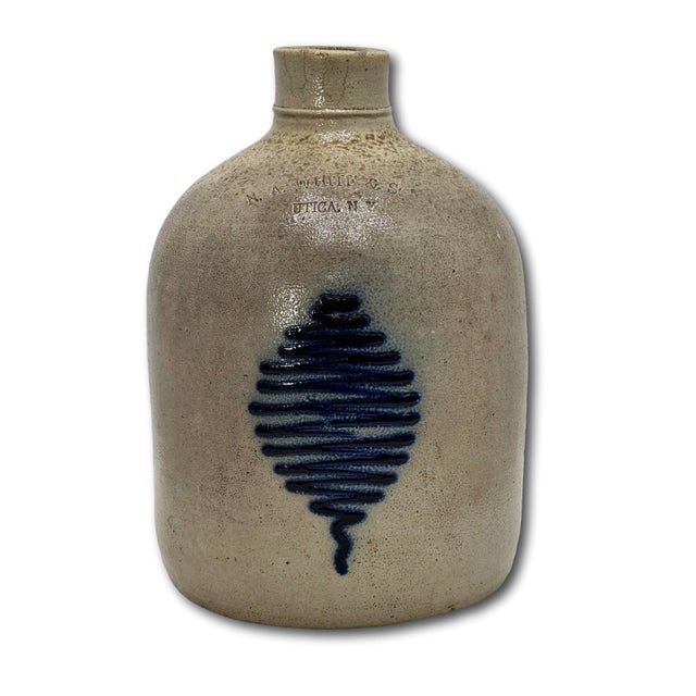 Excellent Small 1 Gallon Antique American Blue Decorated Stoneware Spirts Jug by N. A. White & Son in Utica N. Y. 1870s For Sale In Boston - Image 6 of 18