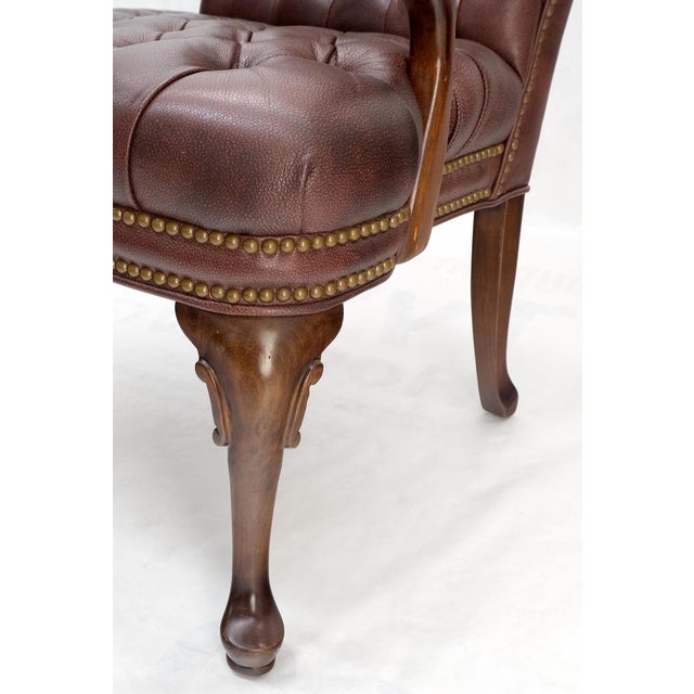 Wood Pair Burgundy Leather Queen Anne Tufted Upholstery Walnut Armchairs MINT For Sale - Image 7 of 17