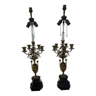 Vintage Brass and Marble Candelabra Pair of Lamps With Rotating Ball For Sale