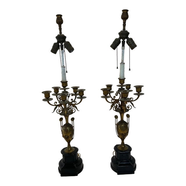 Vintage Brass and Marble Candelabra Pair of Lamps With Rotating Ball For Sale