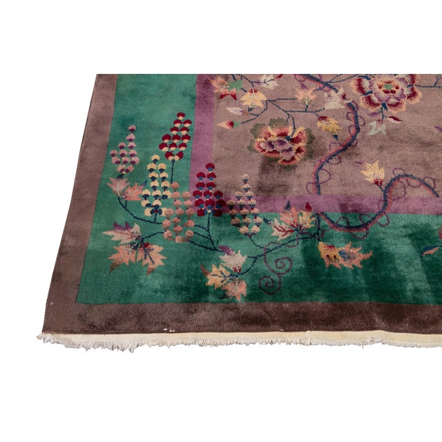 Antique Chinese Art Deco Rug - Plum & Jade Green Floral Wool 9x12 For Sale In New York - Image 6 of 12