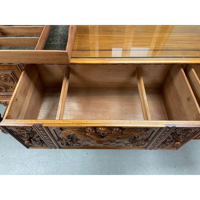 Antique Hand Carved Sideboard Buffet, Berkey & Gay, Jacobean Revival, Walnut Wood, Glass Top For Sale In New York - Image 6 of 11