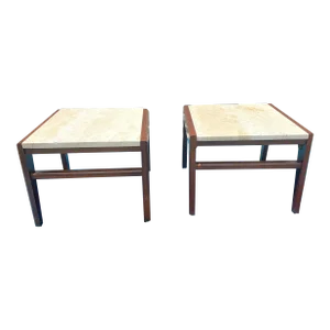 1950s Jens Risom Attributed Mid-Century Modern Travertine and Walnut Side Tables
