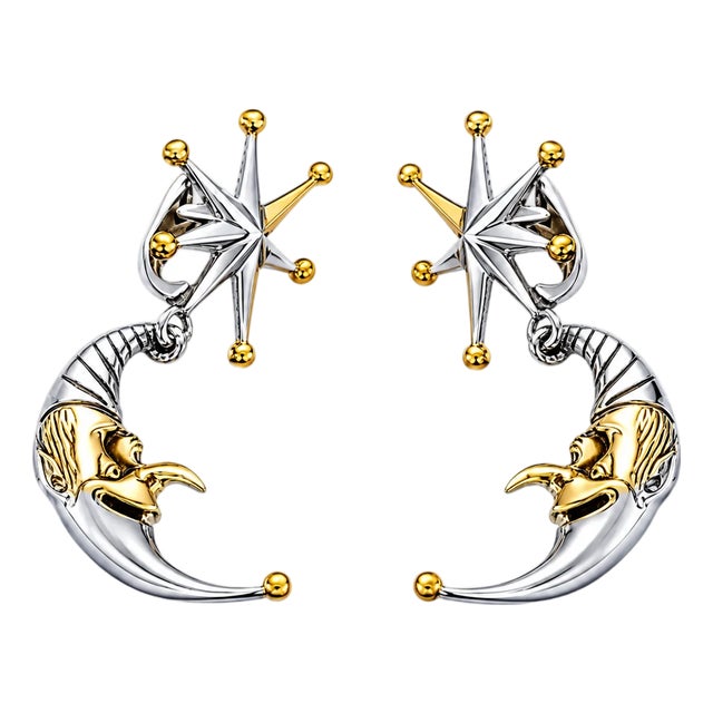 Late 20th Century Pair of Sterling Silver 22K Gilded Whimsical Star Moon Mihail Chemiakin Drop Earrings For Sale
