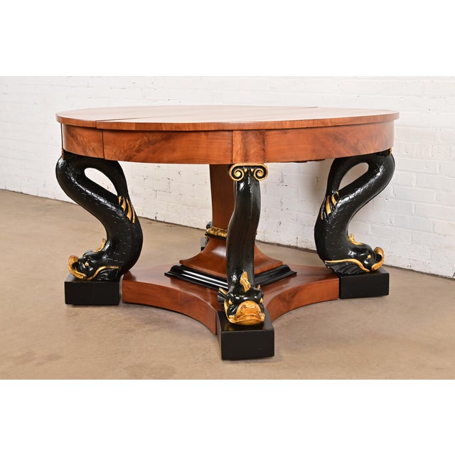 Baker Furniture Company Antique Italian Regency Cherry and Burl Wood Parcel Ebonized Dolphin Base Monumental Extension Dining Table, Circa 1890s For Sale - Image 4 of 12