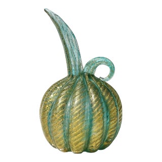 Vintage Murano Barovier Toso Emerald Green Gold Flecks Italian Art Glass Bulb Shaped Pitcher Flower Vase For Sale