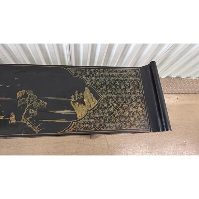 1980s Vintage Hand Painted Gold and Black Chinoiserie Pagoda Console Removable Glass For Sale - Image 5 of 5