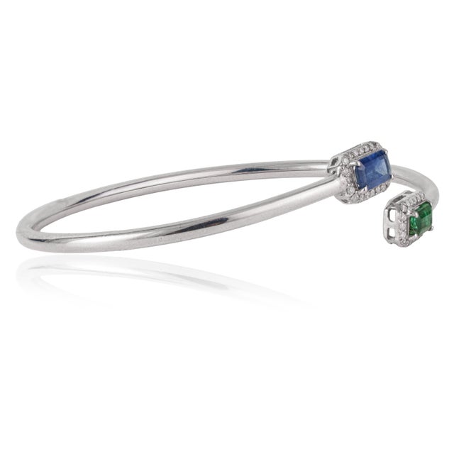 Not Yet Made - Made To Order Emerald & Blue Sapphire Toi Et Moi Open Cuff Bangle in Silver With Diamond Accents For Sale - Image 5 of 14