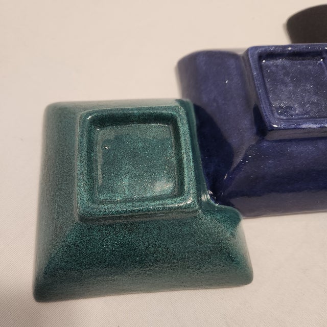 Ceramic 1990s Mid-Century Modern Triple Sectional Stoneware Appetizer Tray – Teal, Purple, Black Reactive Glaze - Set of 3 For Sale - Image 7 of 10