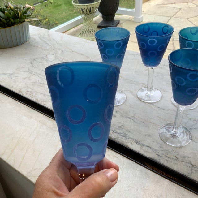 Blue Vintage Murano Blue Raised Circle Wineglasses Attributed to Mario Badioli - Set of 9 For Sale - Image 8 of 10