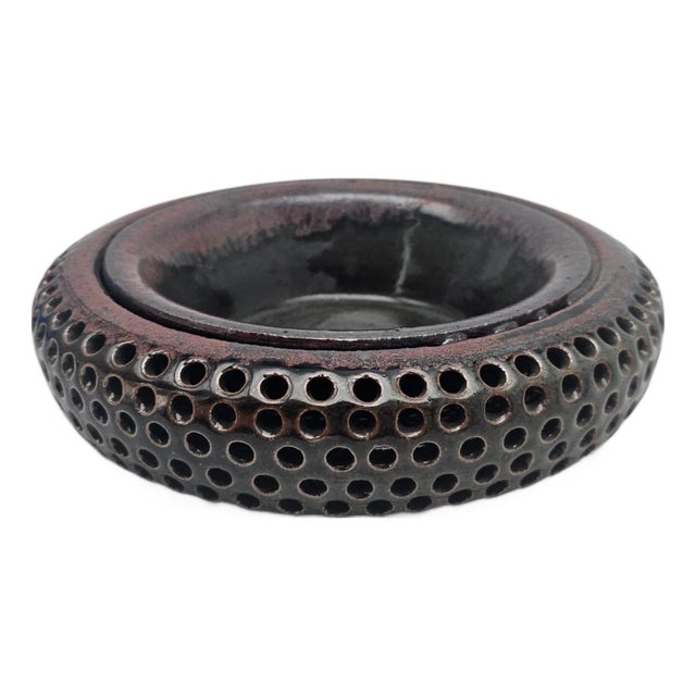 Vintage California Studio Pottery Double Wall Perforated Ikebana Stoneware Bowl For Sale
