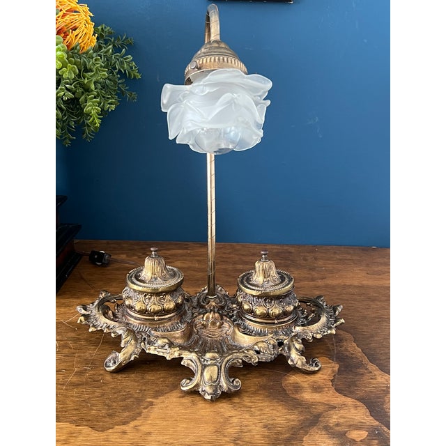 Antique Rococo Revival Brass Desk Lamp With Frosted Glass Shade — Early 20th Century, Circa 1920s–1930s For Sale - Image 10 of 18
