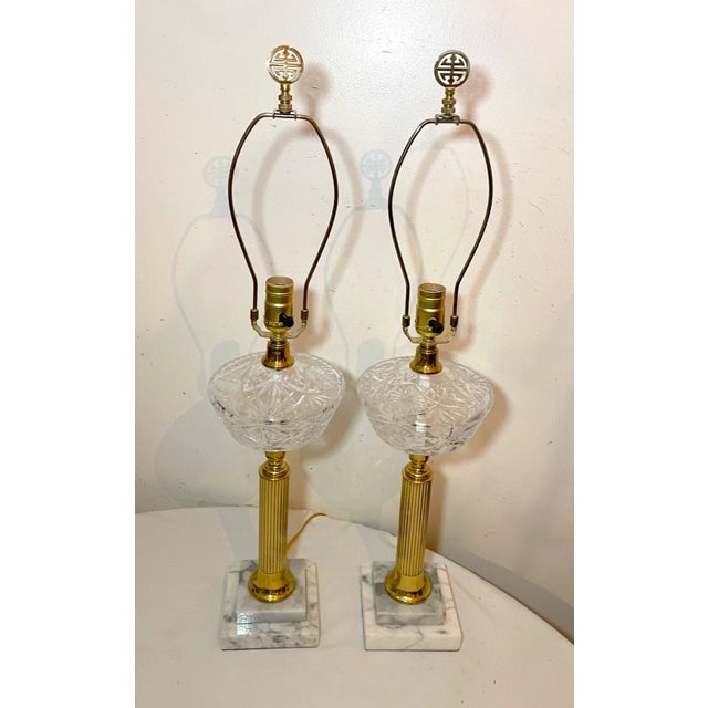 Asian Pair of Tall Vintage Brass Crystal Marble Electric Parlor Table Lamps Antique For Sale - Image 3 of 12