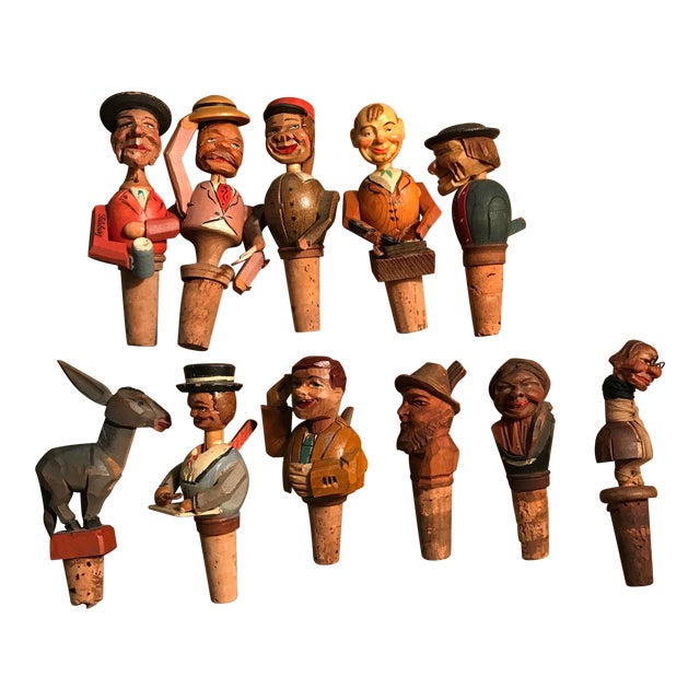 Antique Italian Anri Wood Hand Carved Vintage Bottle Stoppers Corks