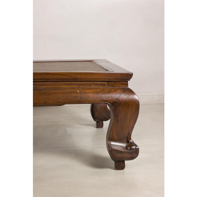 Antique Chinese Elm Opium Bed Coffee Table with Woven Rattan Top and Scroll Legs For Sale - Image 17 of 18