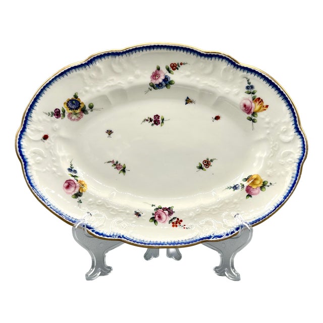 Large Antique Oval Porcelain Plate with Hand-Painted Flowers and Insects from Nantgarw England, 1810s For Sale