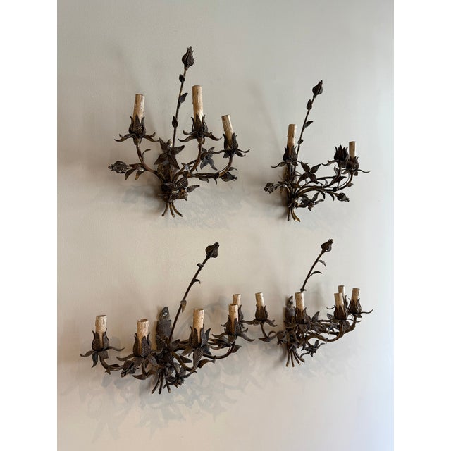 Traditional 1900s Antique Iron Floral Sconces - Set of 4 For Sale - Image 3 of 7