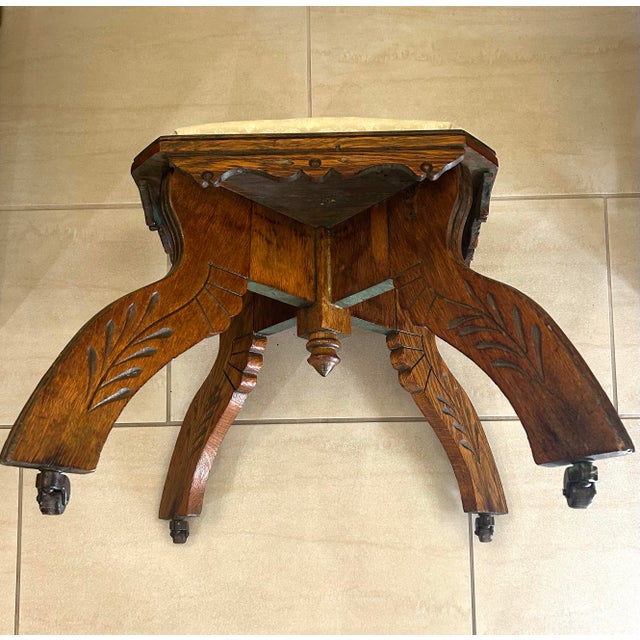 Chestnut Antique, Oak With Spoon-Carvings, Victorian-Era or Eastlake Style Foot/Vanity Stool, Cabriole Legs, Centralized Drop-Pendant Under Seat, Circa 1890’s For Sale - Image 8 of 10