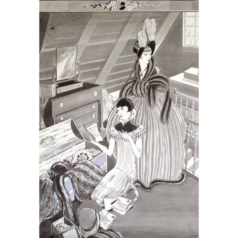 Vintage 1920s Art Deco Women In Attic Signed Illustration Ink