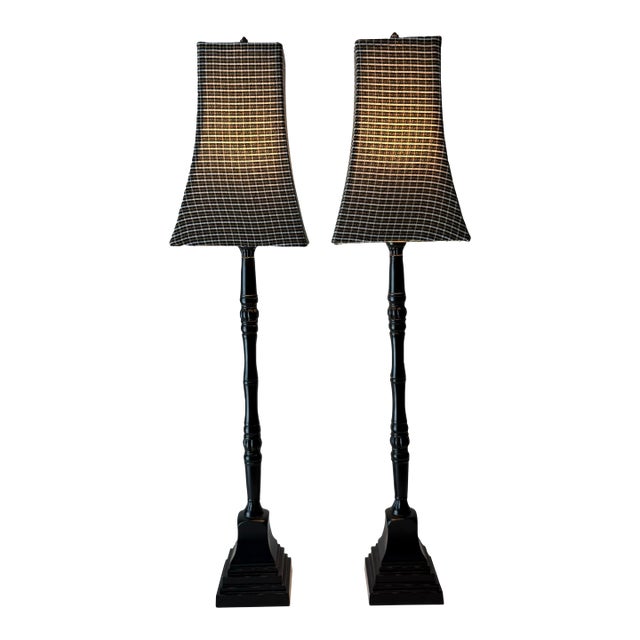 Late 20th Century Skinny Black Plaid Lamps: A Pair For Sale