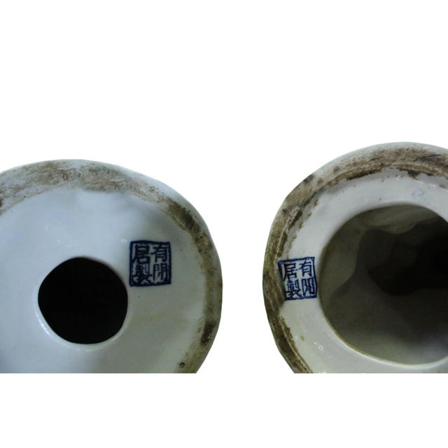 Ceramic Oriental Ceramic Cream Yellow Blue Couple Holding Jar Figures - a Pair For Sale - Image 7 of 8