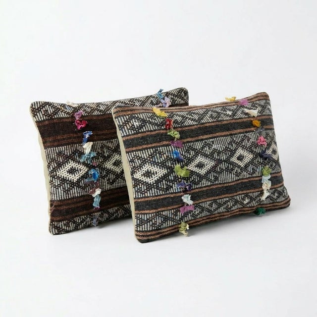 Mid-Century Modern Bohemian Kilim Lumbar Pillow Cover 15'' X 24'' & 14'' X 20'' - Set of Two For Sale - Image 3 of 4