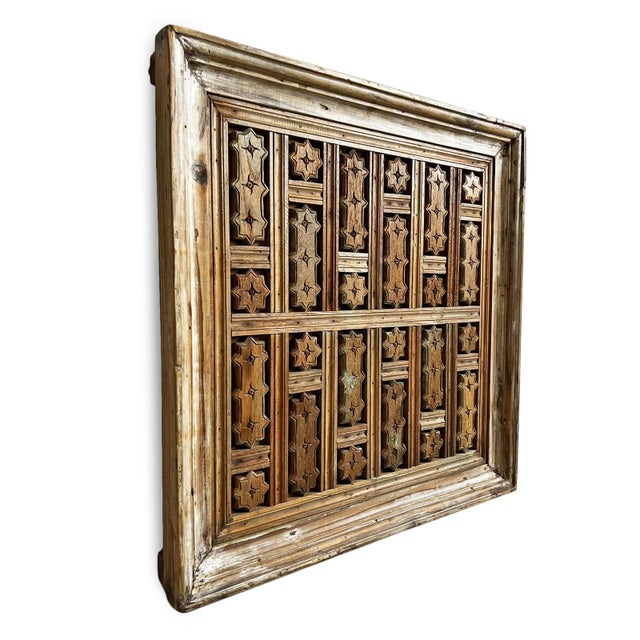 Vintage wood carved square ceiling panel with star pattern cutouts. Beautiful unique piece with signs of age and hints of...