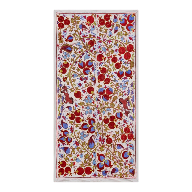 Suzani Tapestry – White Base With Horse and Pomegranate Motifs 3'2'' X 6' For Sale