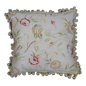 Mid 20th Century Silk Down Filled Floral Rose Embroidered Tassel Lumbar Throw Pillow Cushion