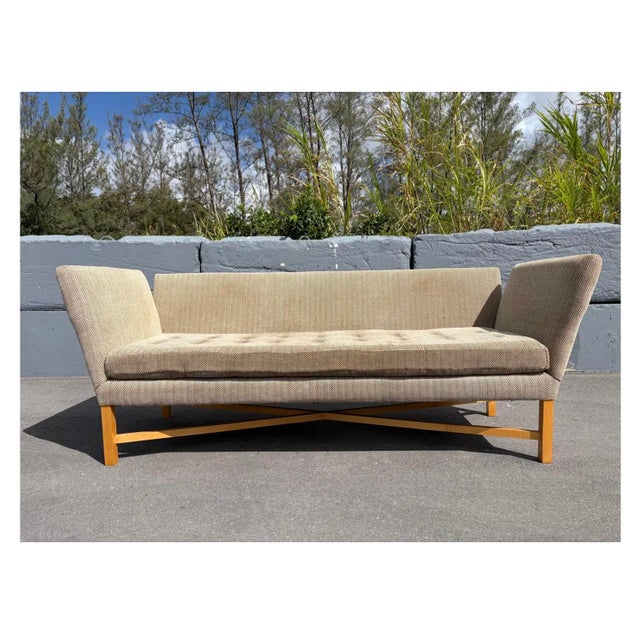 Beige Designer Sofa With X-Base Stretcher For Sale - Image 8 of 16