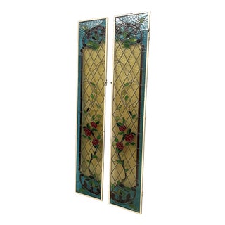 Tall Stained-Glass Windows with Roses, 1910s, Set of 2 For Sale