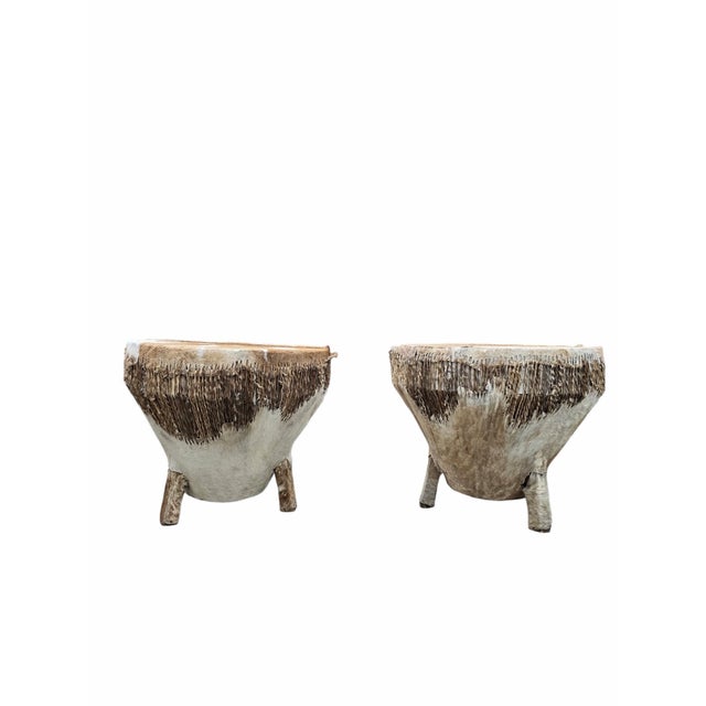 Vintage African Tribal Cowhide Drum Side Tables - Set of 2 A unique pair of African handcrafted drum-form tables or...
