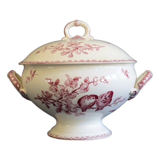 Antique French Red Favori Soup Tureen in Earthenware from Sarreguemines, 1890s For Sale