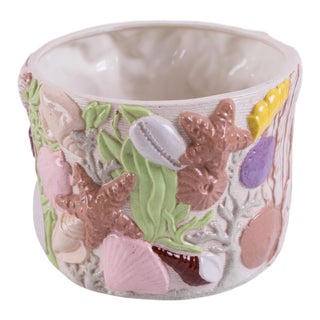 Shell-Embossed Round Ceramic Planter For Sale