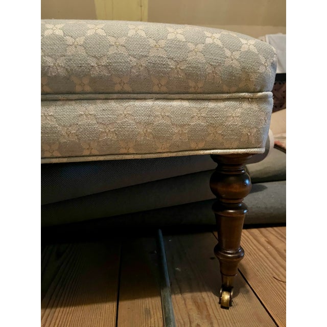 Aqua 1990s Colefax & Fowler Fabric on Upholstered Ottoman with Turned Feet & Brass Casters For Sale - Image 8 of 8
