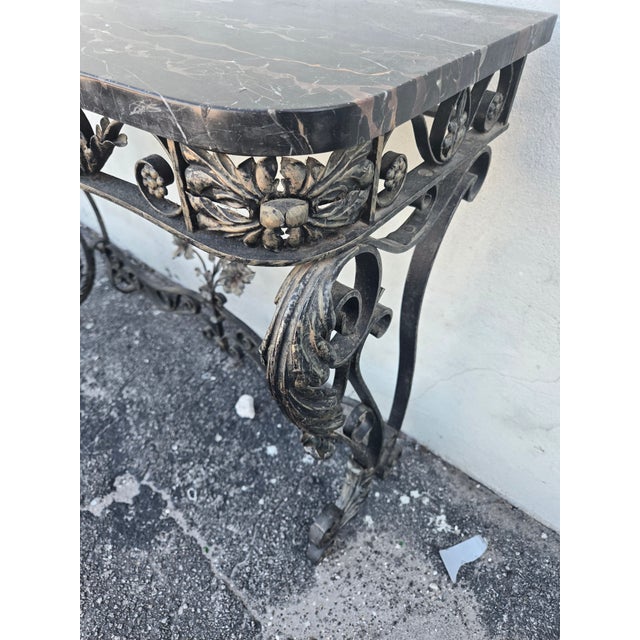 1920s 1920's French Wrought Iron Console Table Adorned W Flowers W Marble Top For Sale - Image 5 of 10