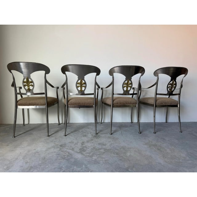 Mid-Century Modern Vintage Neoclassical-Style Brushed Steel and Brass Dining — Set of 5/ Sold For Sale - Image 3 of 12