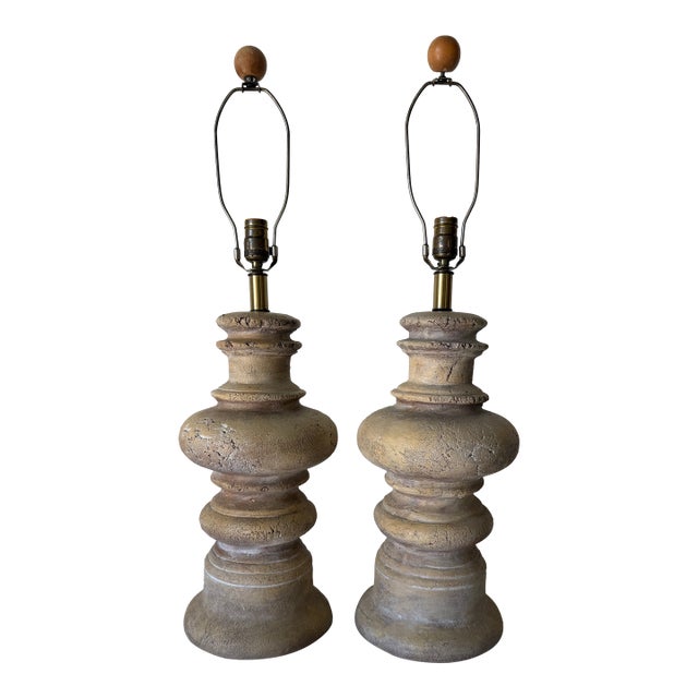 1980’s Vintage Handmade Organic Terracotta Table Lamps – A Pair For Sale