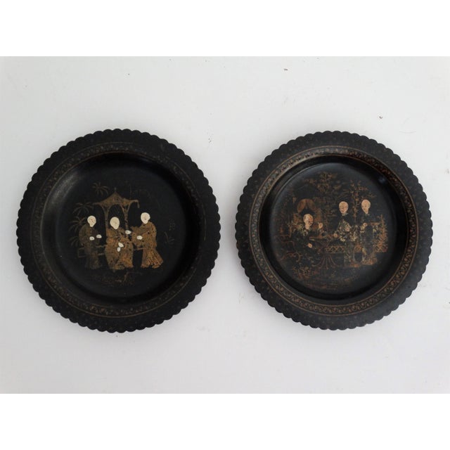 Antique Papier Mache Wine Coasters / Plates, a Pair Hand Painted Gilt For Sale - Image 6 of 6