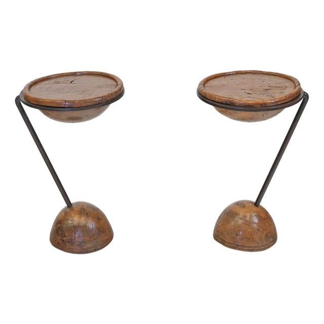 Burr Oak & Steel Pudding Bowl Side Tables by Sculptor Philip Hearsey, 1990s, Set of 2 For Sale