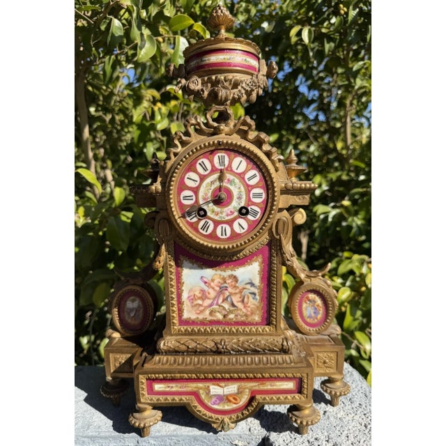Gold 19th Century French Gilt Mantel Clock With Red Sevres Style Porcelain For Sale - Image 8 of 16