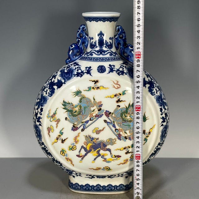 Chinese Blue & White Famille Rose Porcelain Moon Flask With Mythical Beast Motif For Sale - Image 4 of 9