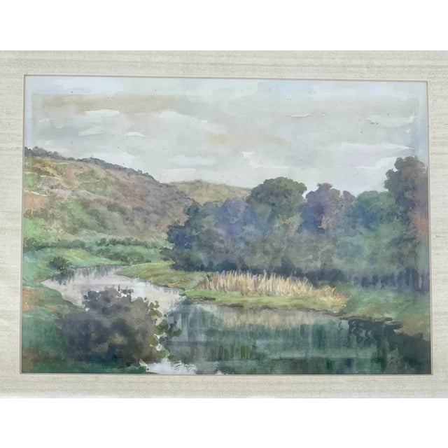 Green Watercolor Landscape River Painting in Faux Bamboo Frame For Sale - Image 8 of 13